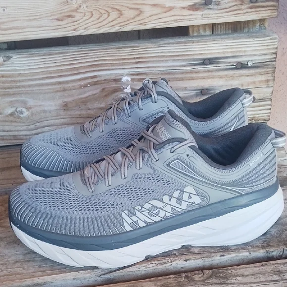 Hoka Bondi 7 Gray and White Athletic Shoes with Maximalist Cushioning - Picture 1 of 14